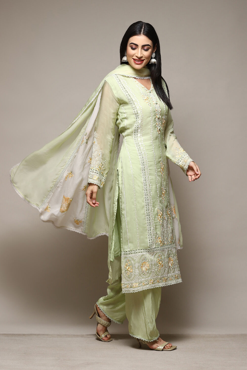 Light Green Organza Digital Print Unstitched Suit Set image number 7