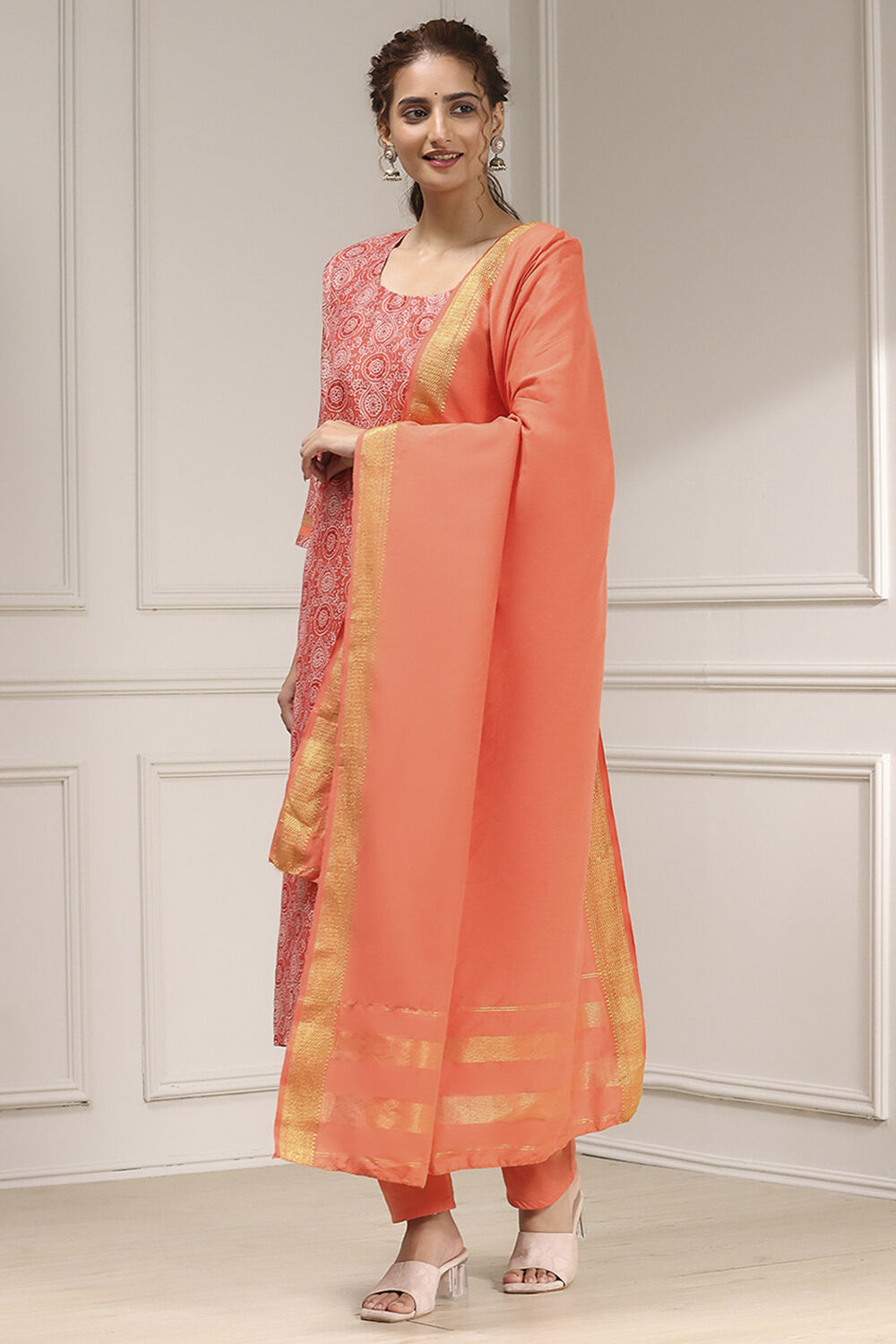 Orange Cotton Digital Print Unstitched Suit Set image number 4