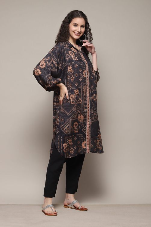 Black Rayon Slub Printed Jacket image number 2