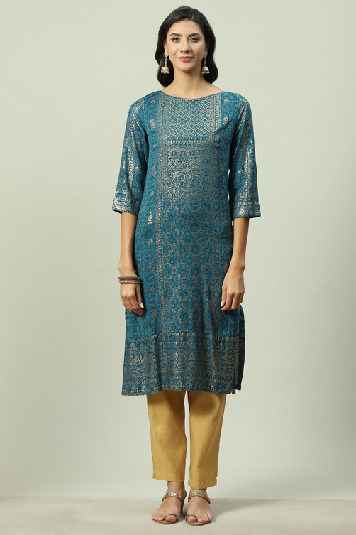 Rust Rayon Straight Printed Kurta image number 5