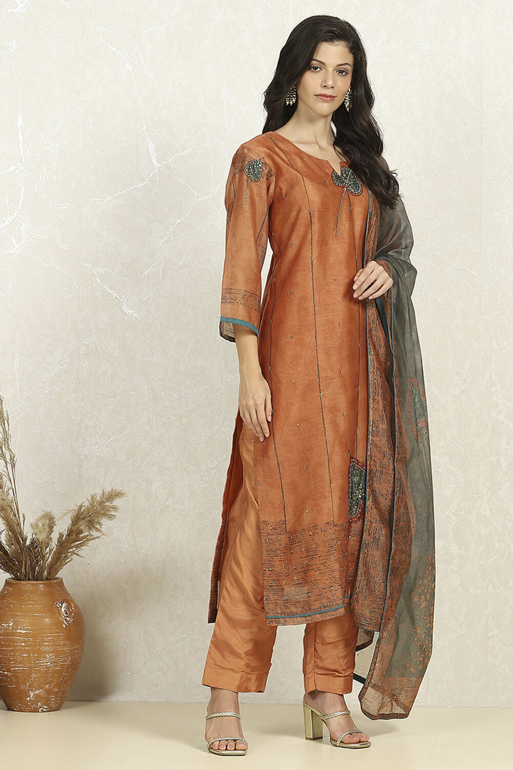 Rust Chanderi Unstitched Suit Set image number 6