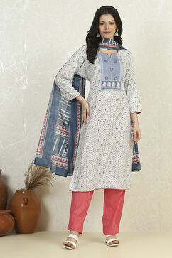 Blue Cotton Printed Embroidered Unstitched Suit Set image number 7