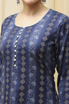 Navy Blue Cotton Handloom Unstitched Suit Set image number 2