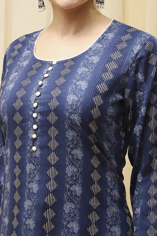Navy Blue Cotton Handloom Unstitched Suit Set image number 2