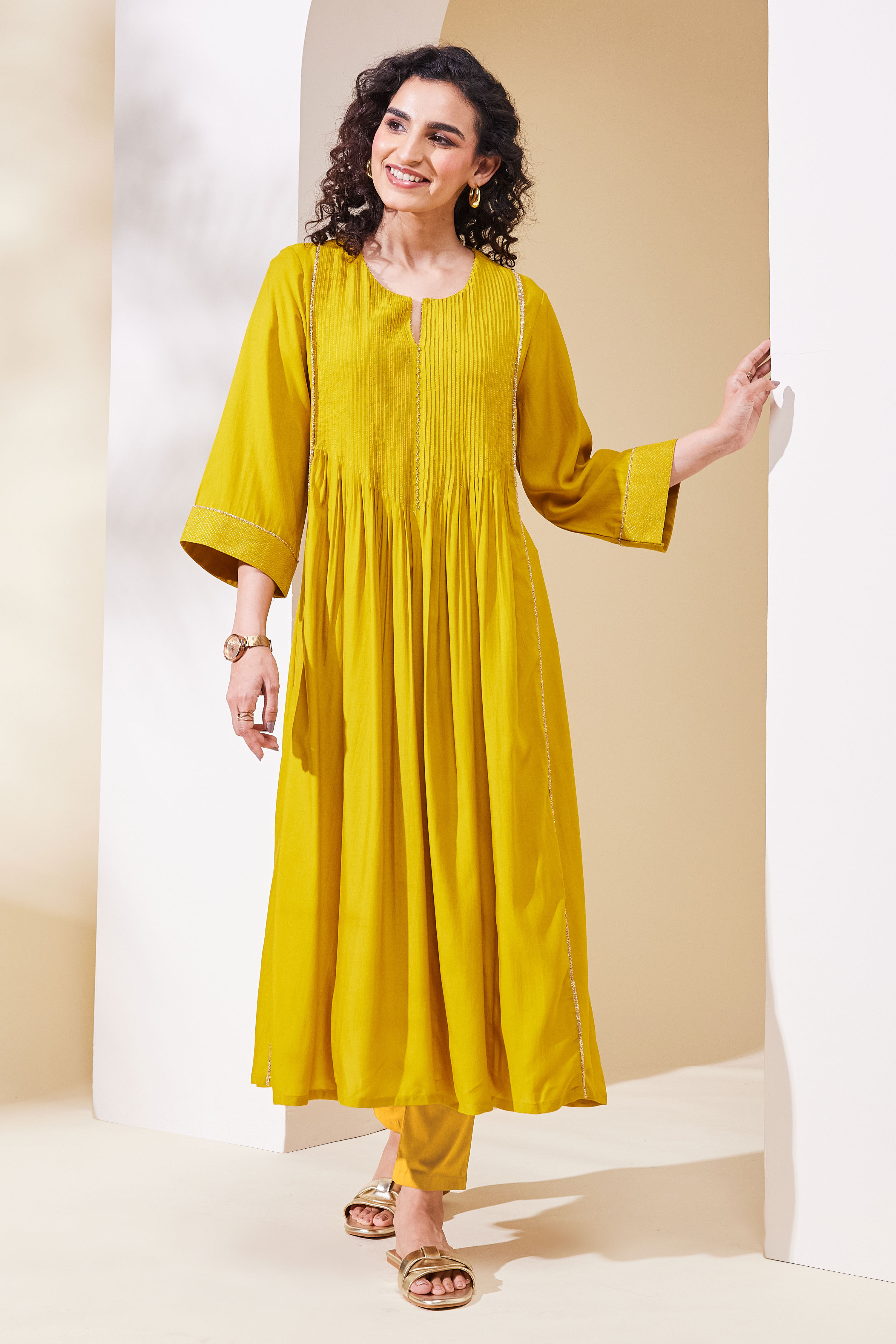 Mustard Yellow Viscose Blend Flared Kurta image number 5