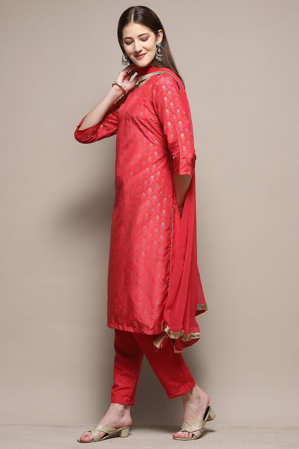 Dark Navy Art Silk Straight Kurta Slim Pants Suit Set image number 4