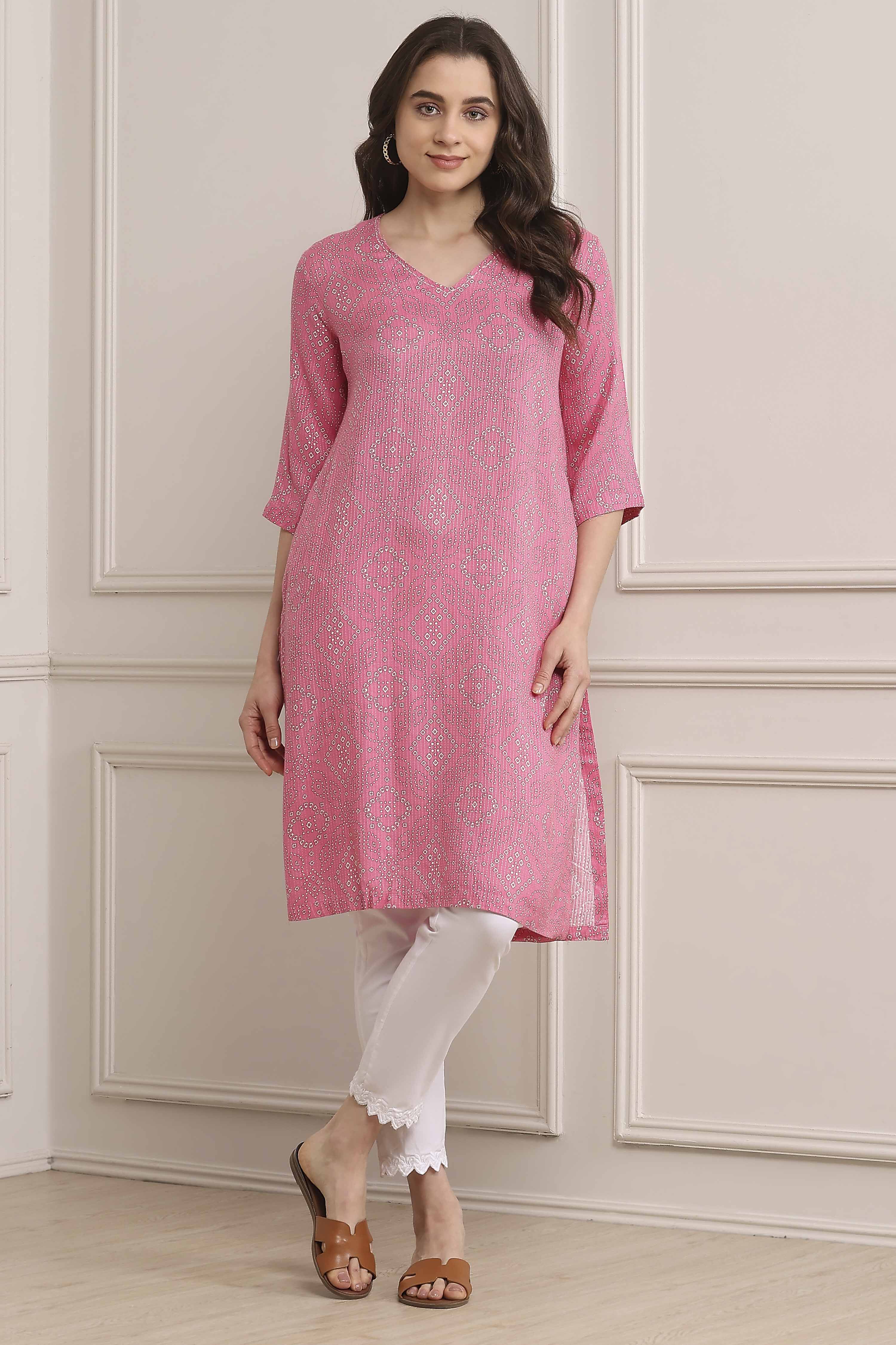 Pink Viscose Straight Printed Kurta image number 0