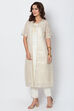 Cream Poly Cotton Front Open Kurta Pant Suit Set image number 2