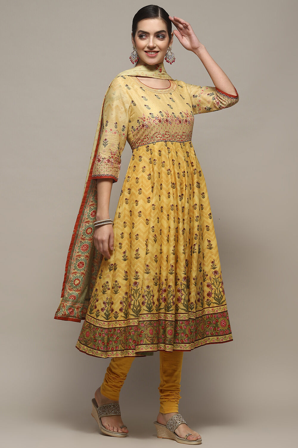 Yellow Voile Anarkali Kurta Churidar Suit Set image number 6