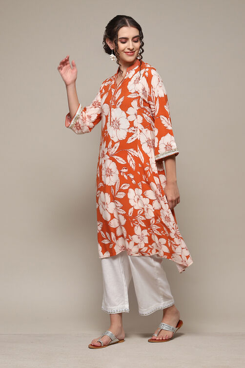 Burnt Orange LIVA Straight Printed Kurta image number 5