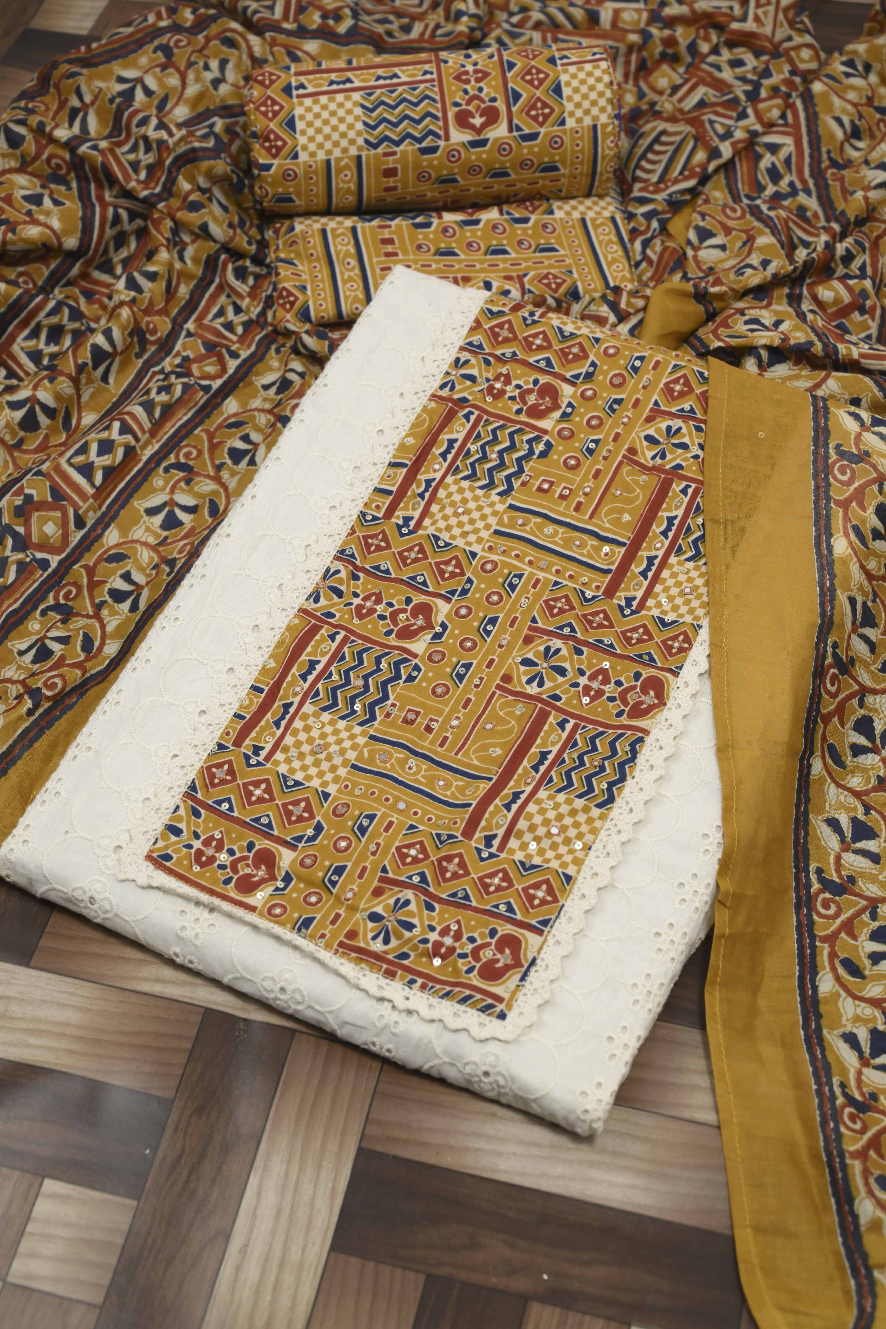 Mustard Cotton Printed Unstitched Suit Set image number 1