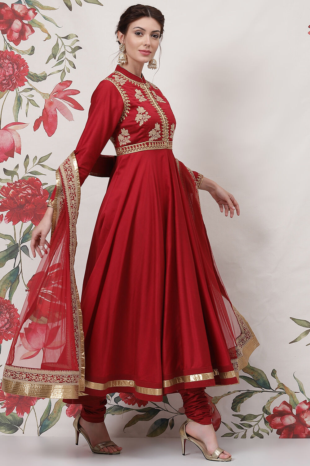 Red Cotton Silk Anarkali Yarndyed Suit Set image number 6