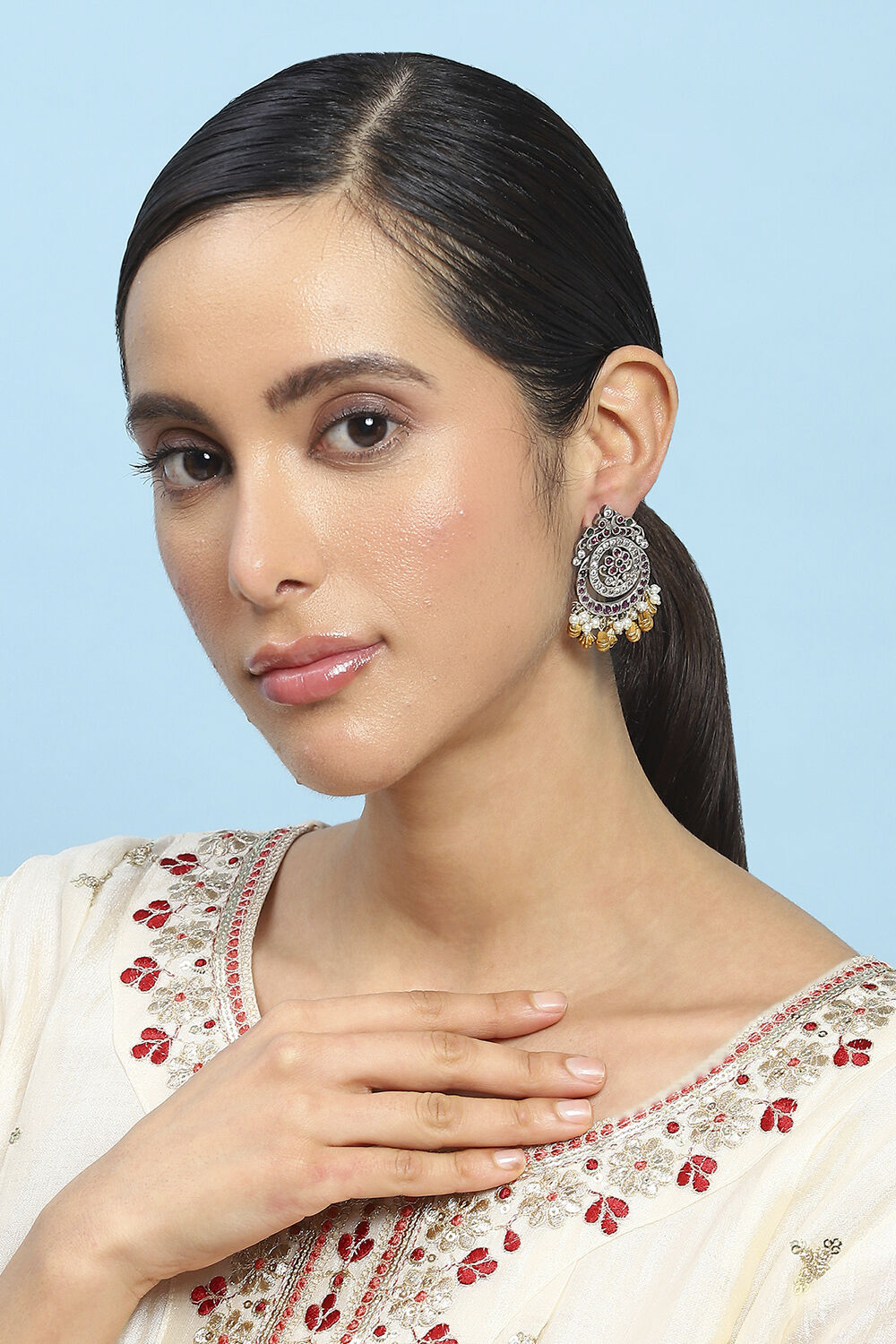 Green Pink Stone Embellished Earrings image number 3