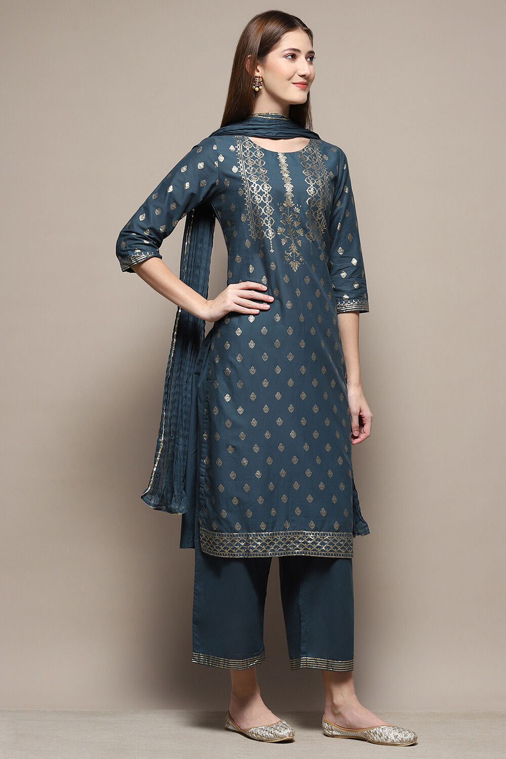 Blue Cotton Straight Kurta Palazzo Suit Set image number 6