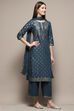 Blue Cotton Straight Kurta Palazzo Suit Set image number 6
