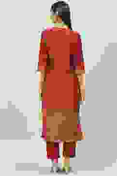 Maroon Art Silk Straight Kurta Slim Pants Suit Set image number 4