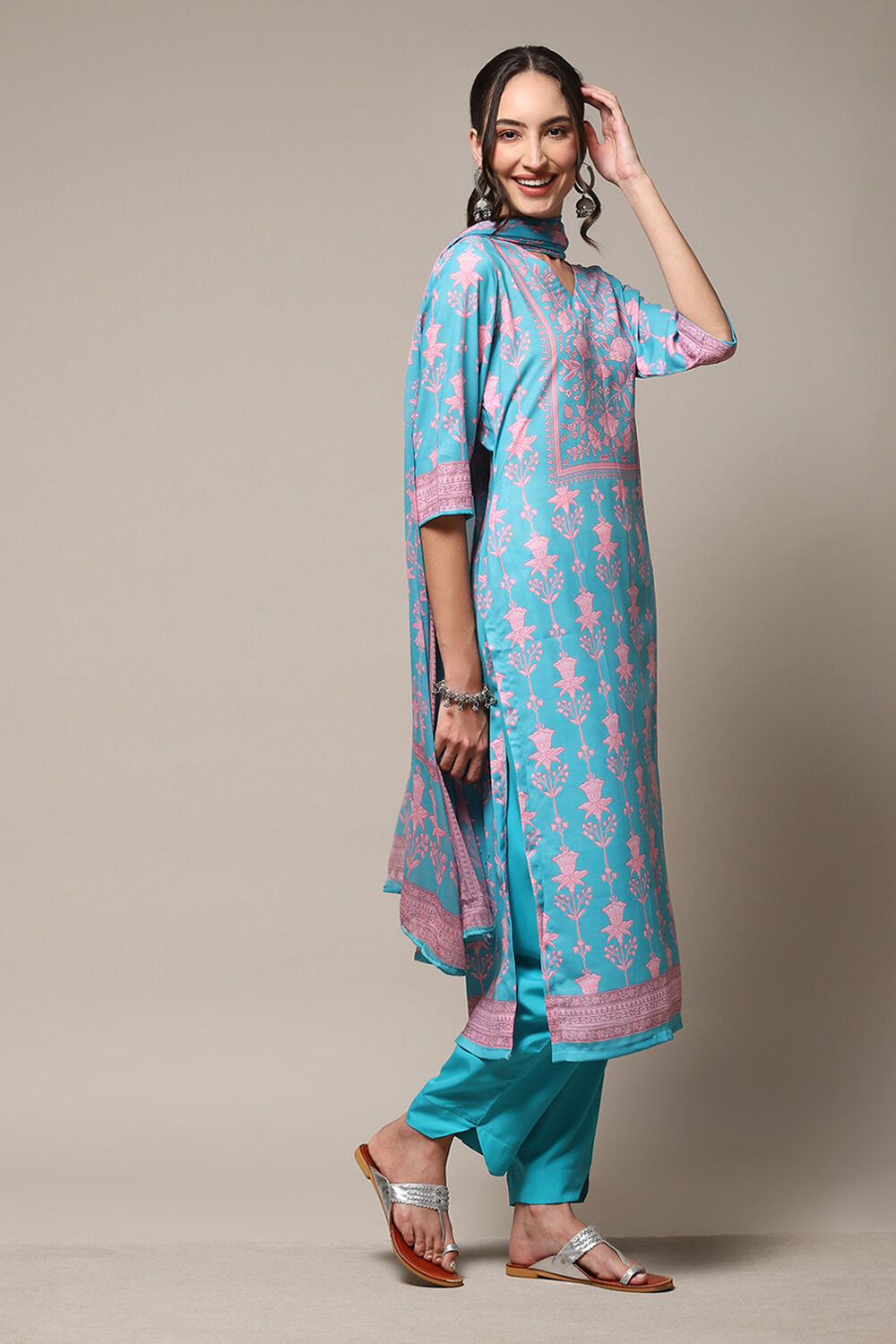 Indigo Chanderi Silk Unstitched Suit Set image number 7