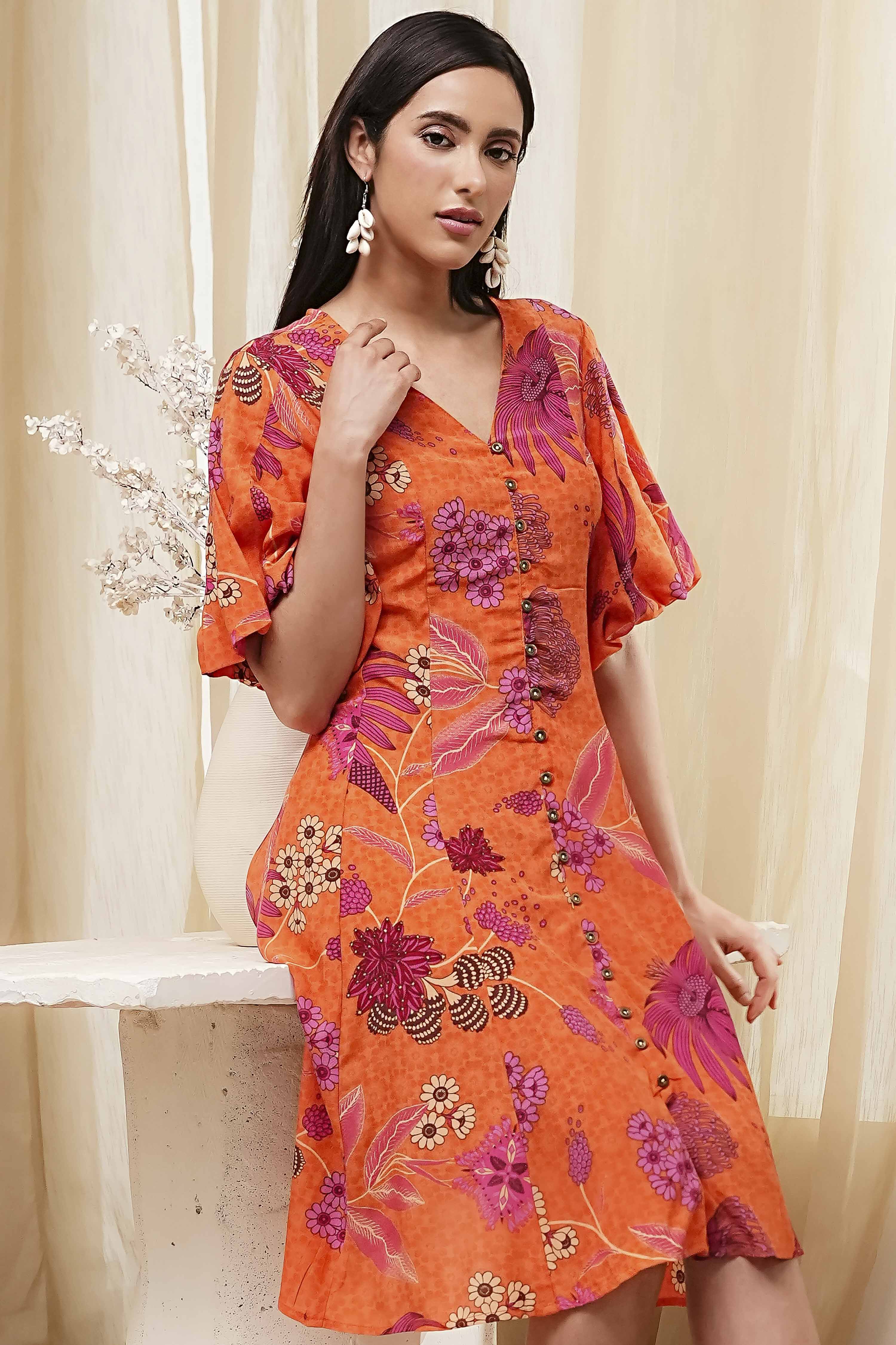 Orange Floral Printed Flared Dress image number 6