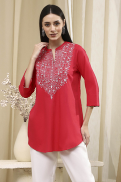 Raspberry Embroidered Straight Short Kurta