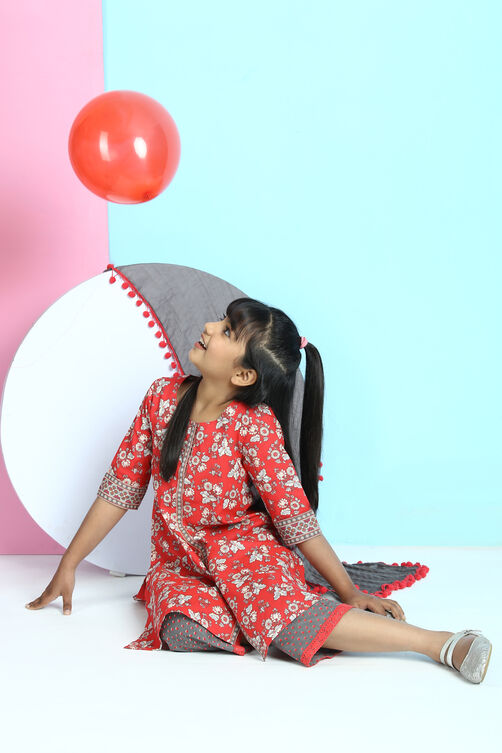 Red Cotton A-Line Straight Kurta Palazzo Suit Set image number 3