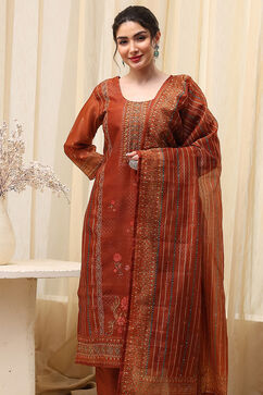 Brown Chanderi Printed Embroidered Unstitched Suit Set image number 9