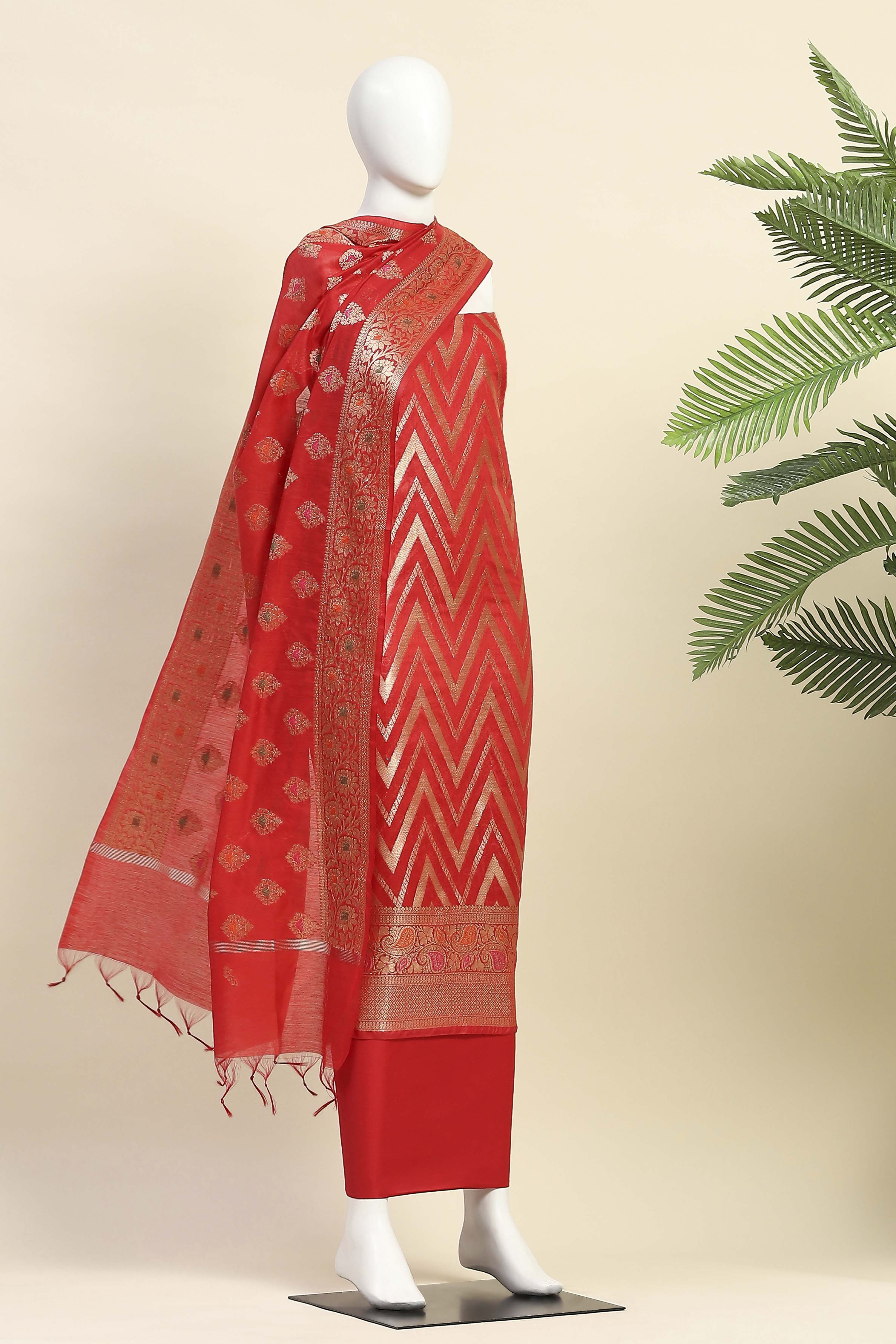 Red Cotton Printed Embroidered Unstitched Suit Set image number 4