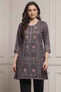 Brown Blended Printed Short Kurti