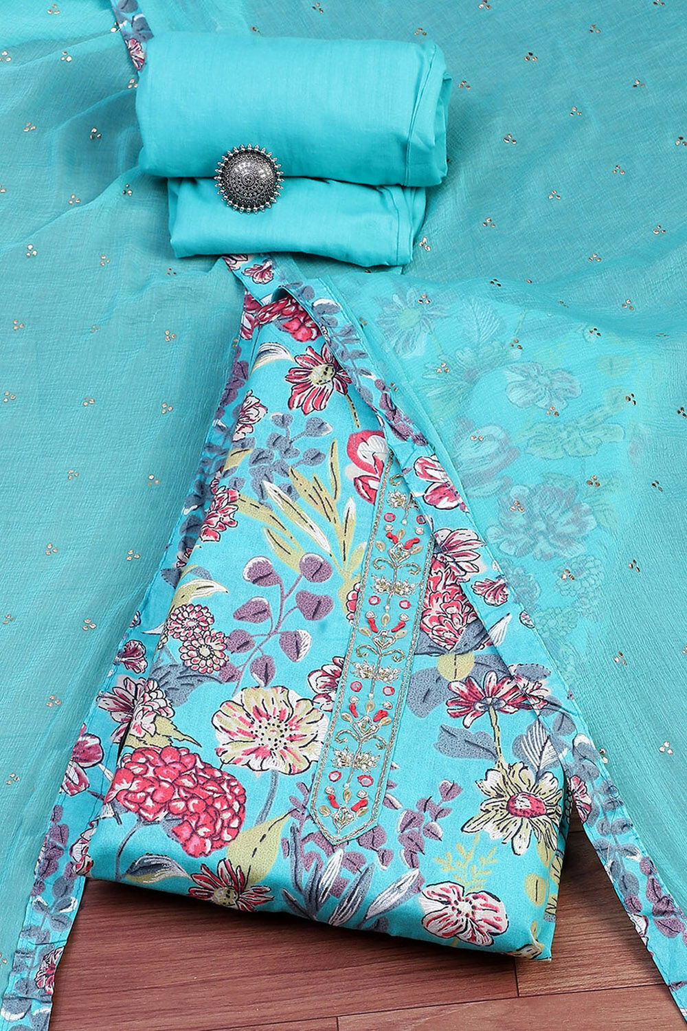 Green Cotton Floral Unstitched Suit Set image number 0