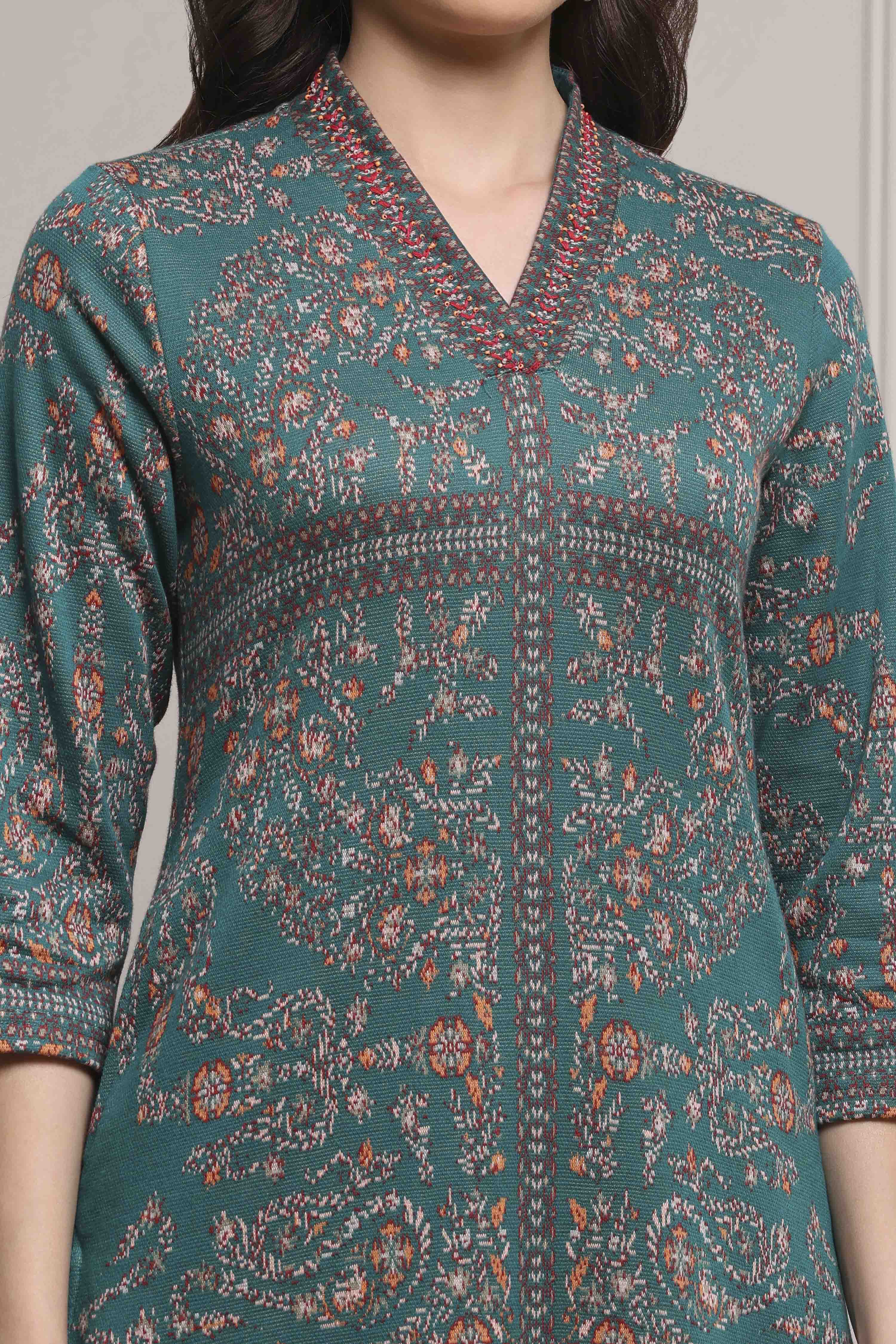 Earthy Green Yarn-Dyed Printed Straight Winter Kurta image number 1