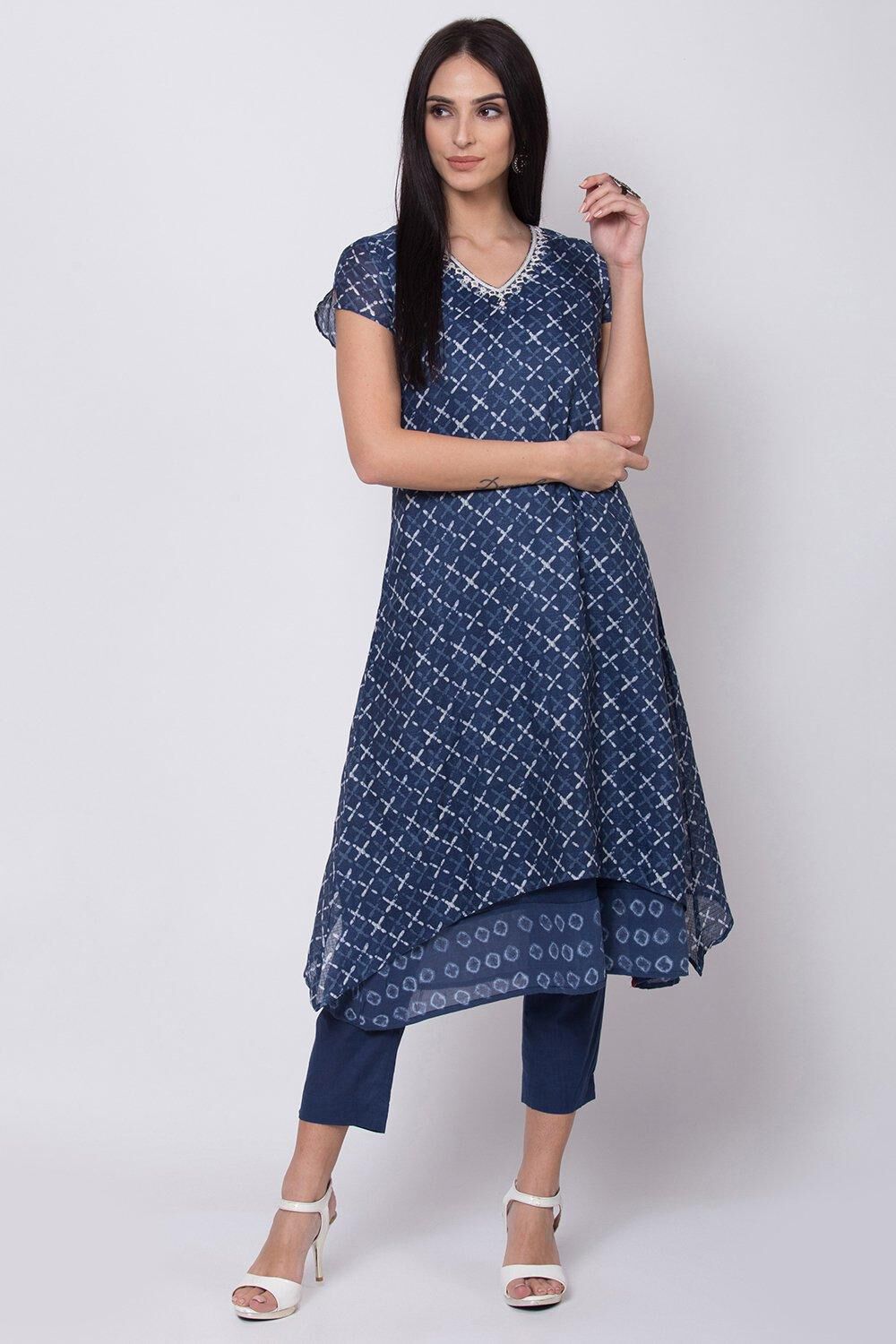 Blue Straight Kurta Slim Pants Suit Set image number 2