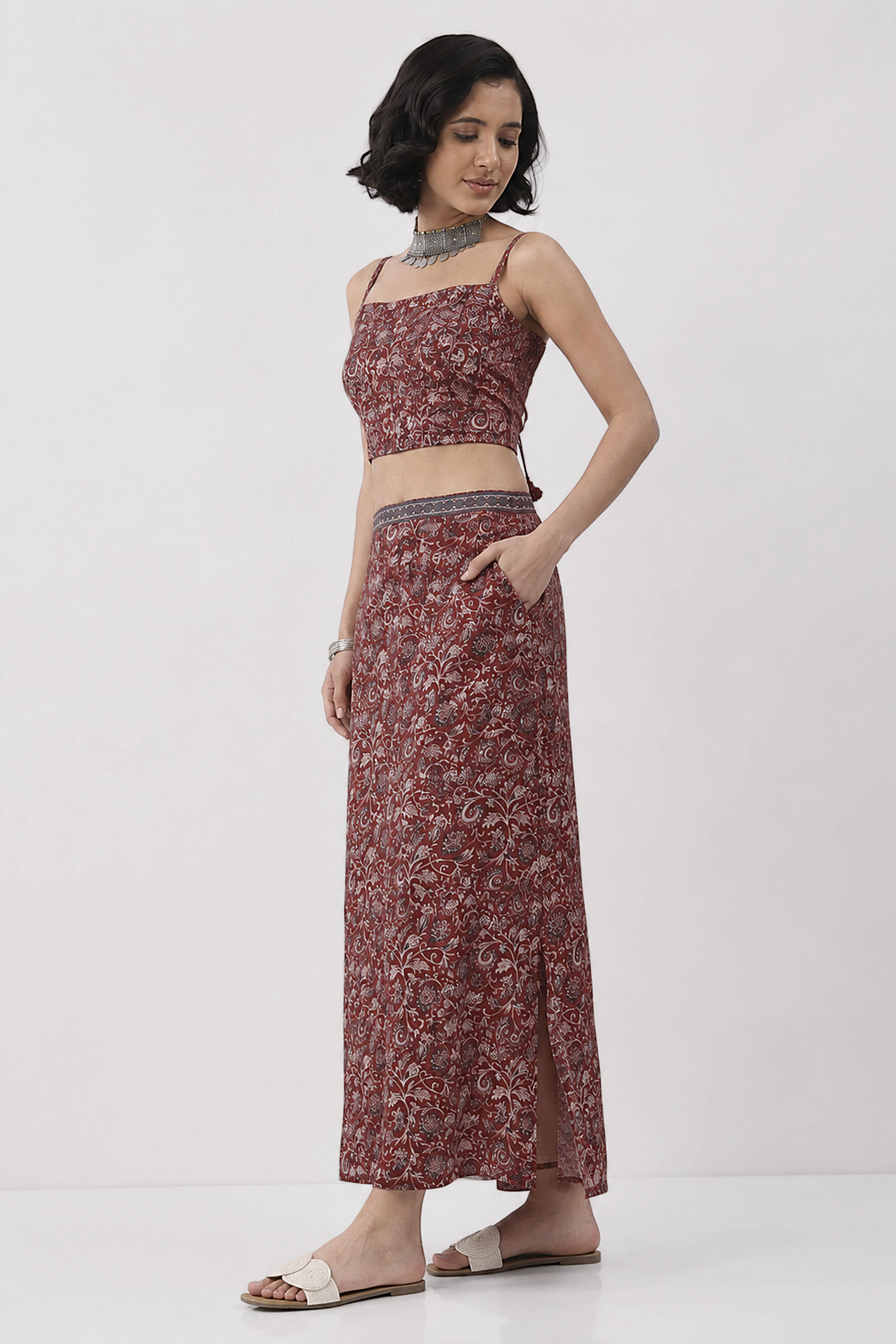 Rust Cotton Printed Skirt image number 5