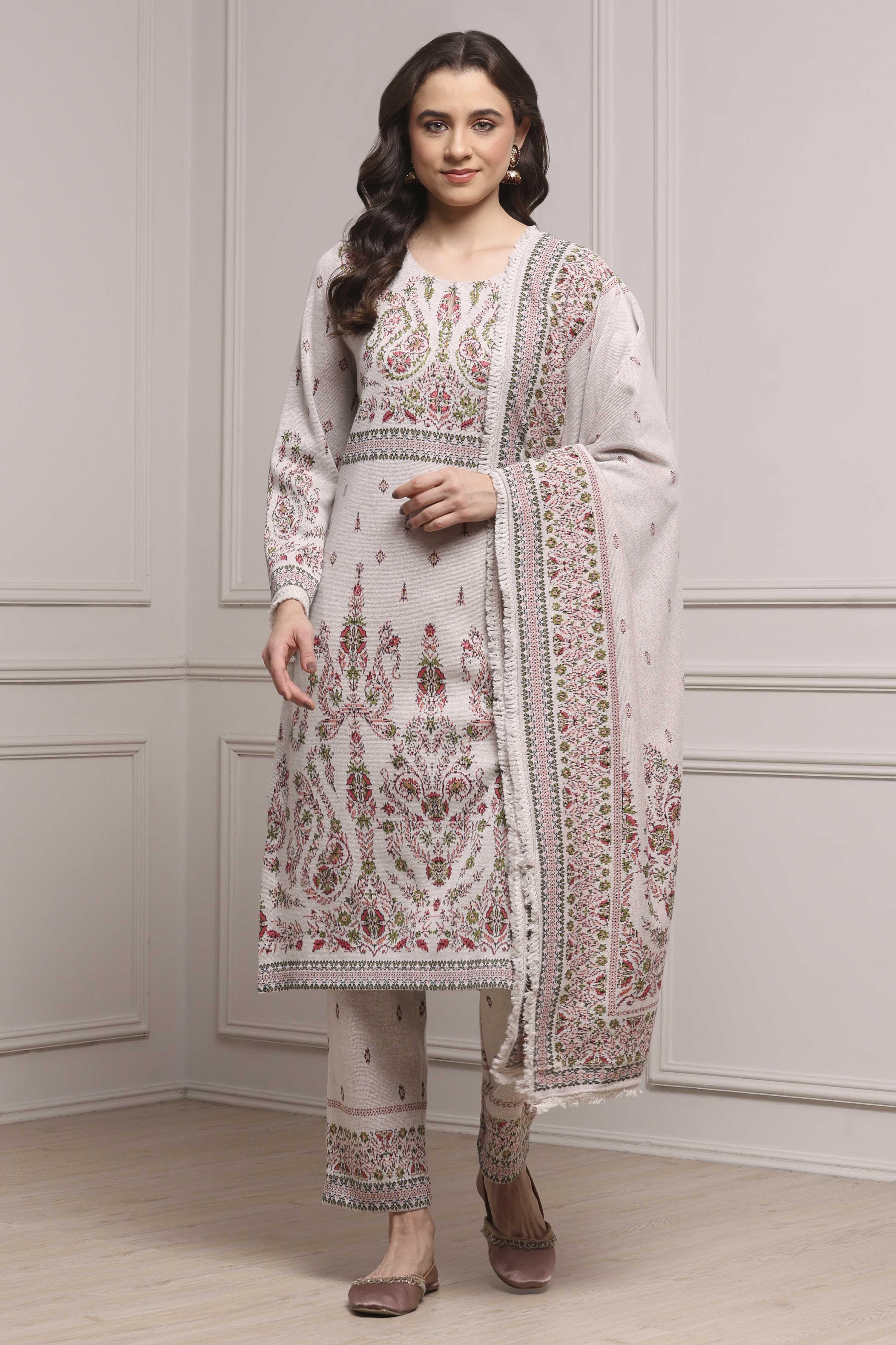 Ivory Printed Straight Winter Suit Set image number 6