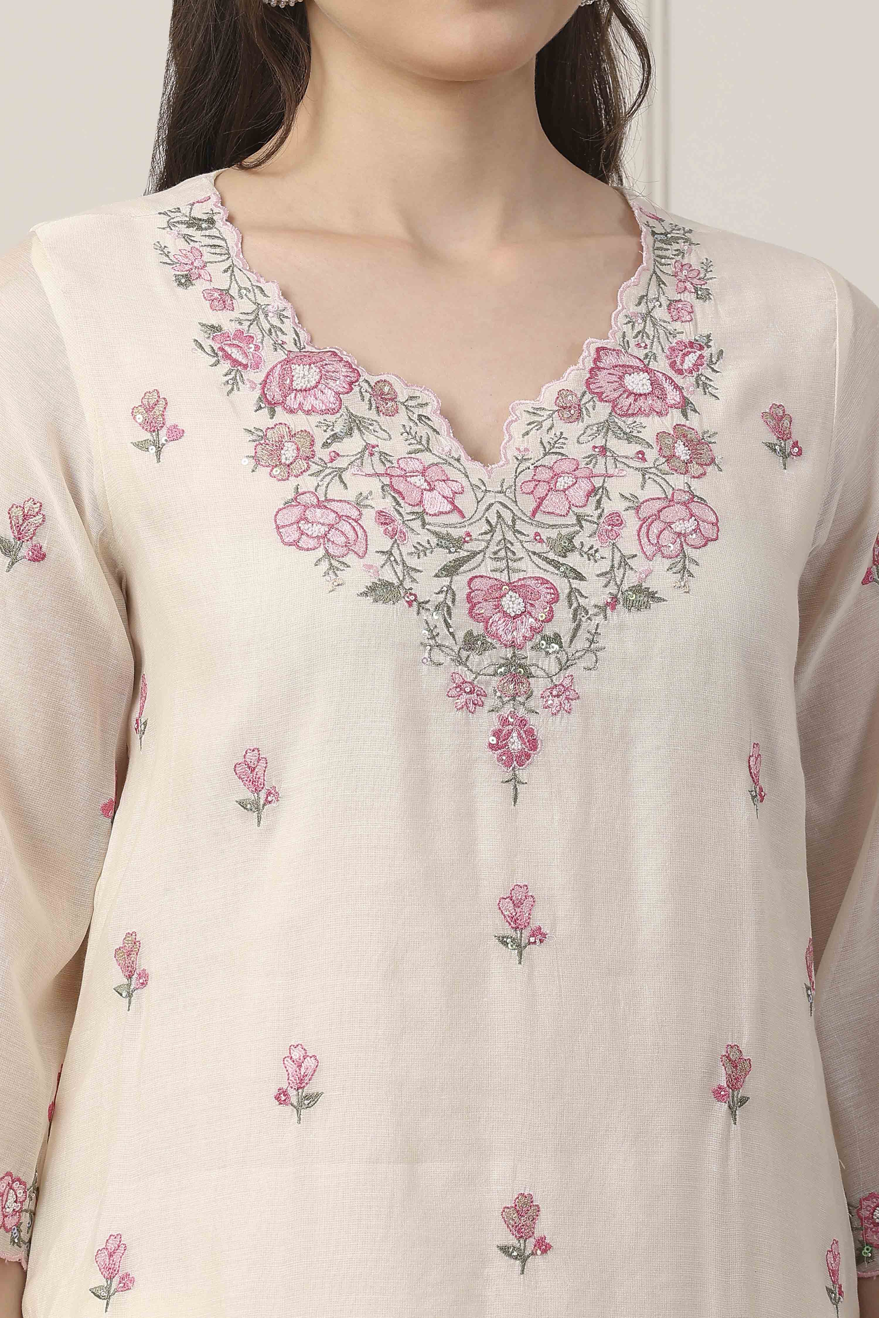 White Poly Chanderi Floral Work Straight Suit Set image number 1