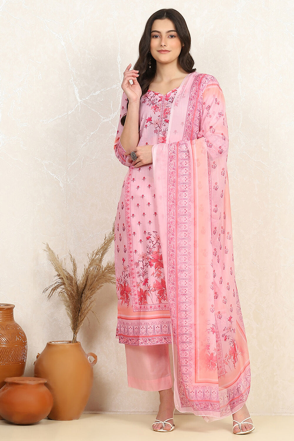 Pink Cotton Digital Print Unstitched Suit Set image number 7