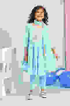 Blue Cotton Tiered Kurta Churidar Suit Set image number 0