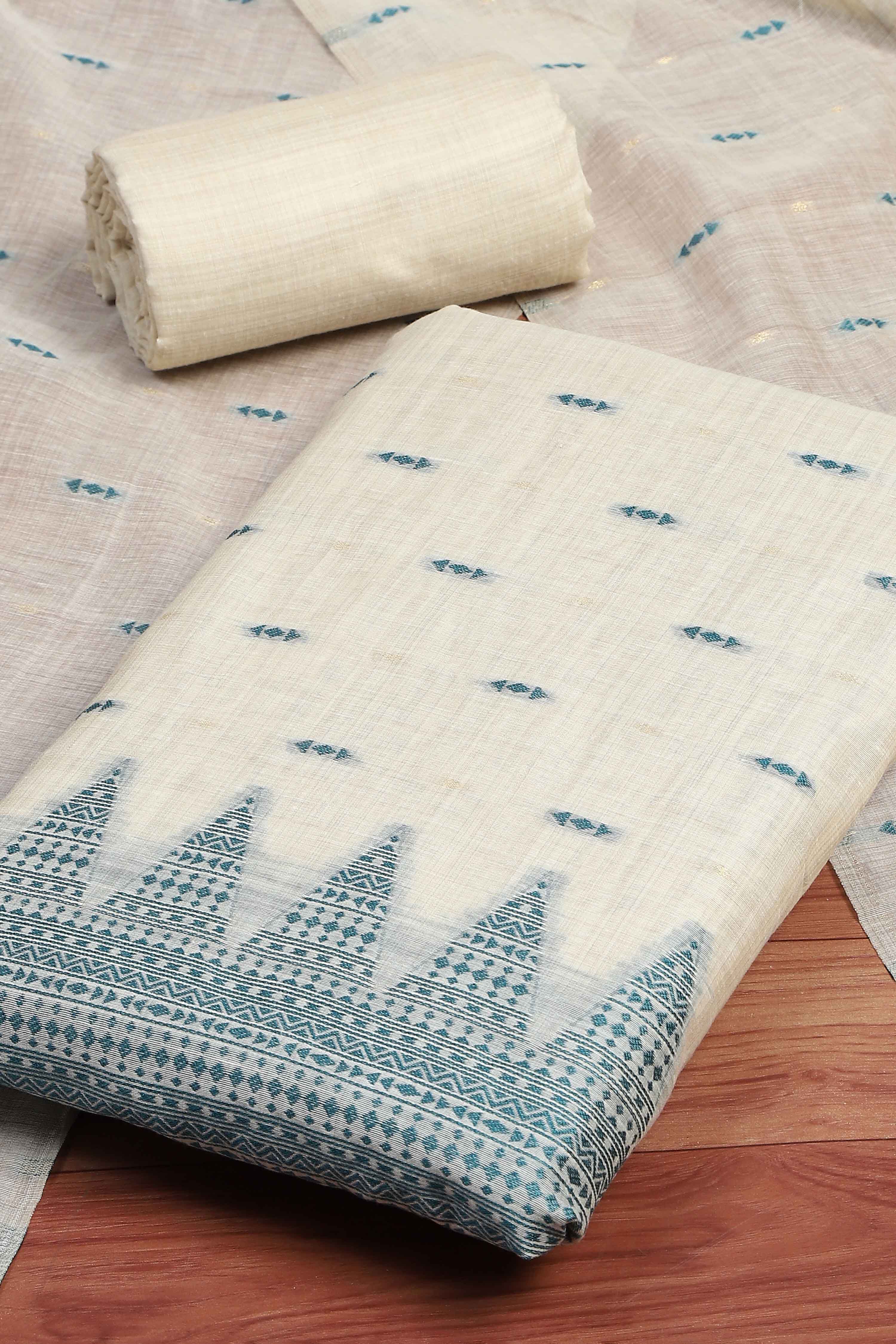 Teal Chanderi Printed Unstitched Suit Set image number 1