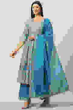 Turquoise Cotton Flared Kurta Palazzo Suit Set image number 5