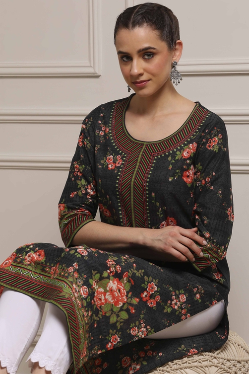 Black Cotton Printed Straight Kurta image number 5