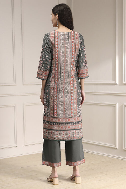 Grey Cotton Straight Printed Suit Set image number 4