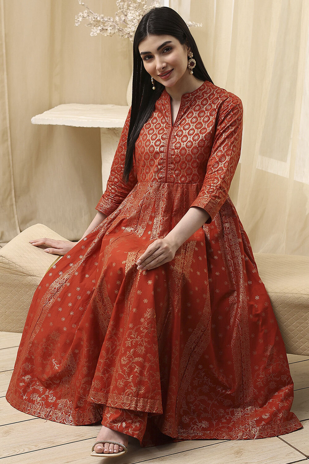 Terracotta Cotton Layered Anarkali Dress image number 0