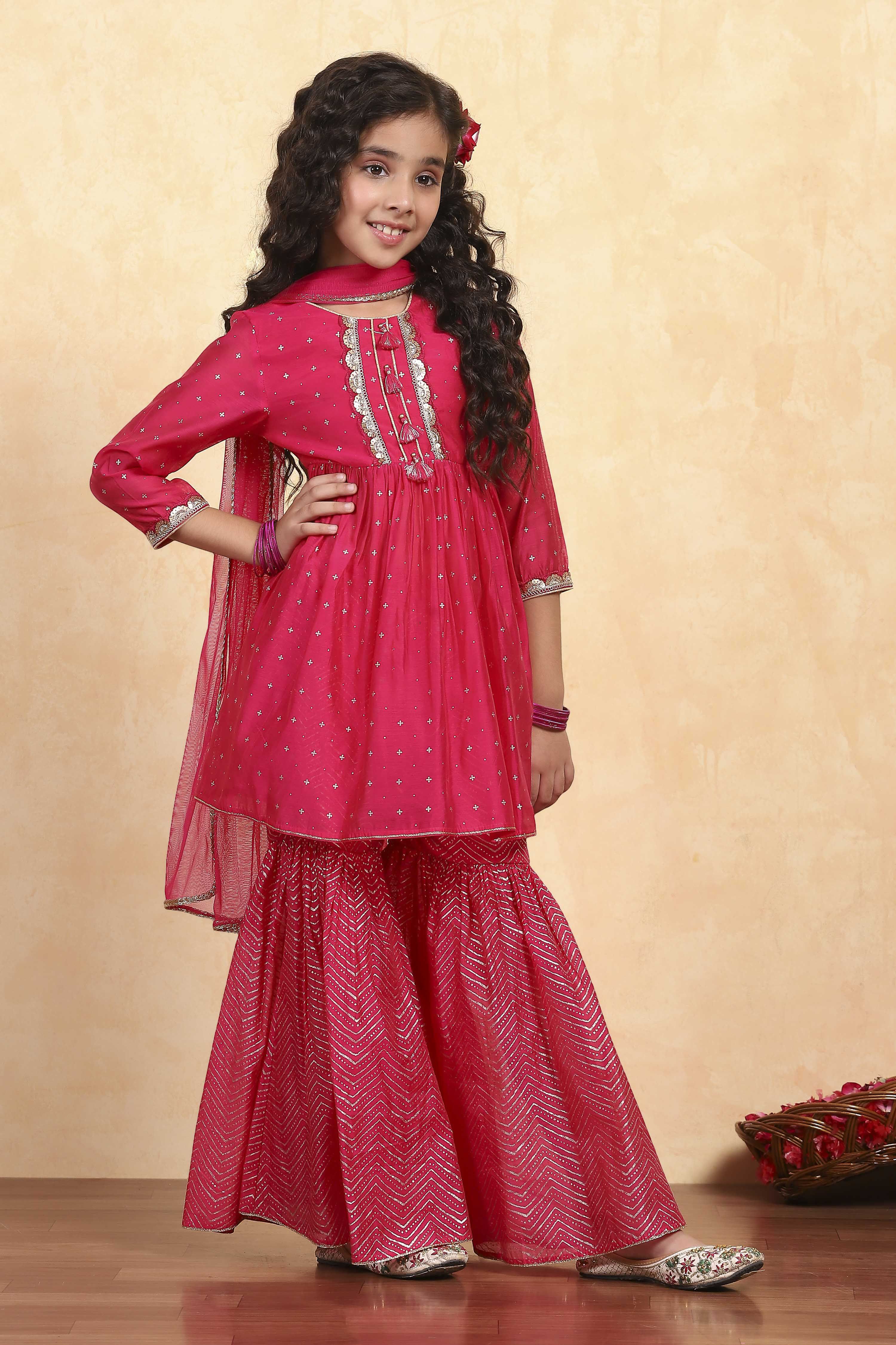 Pink Polyester Blend Printed Gathered Suit Set image number 5