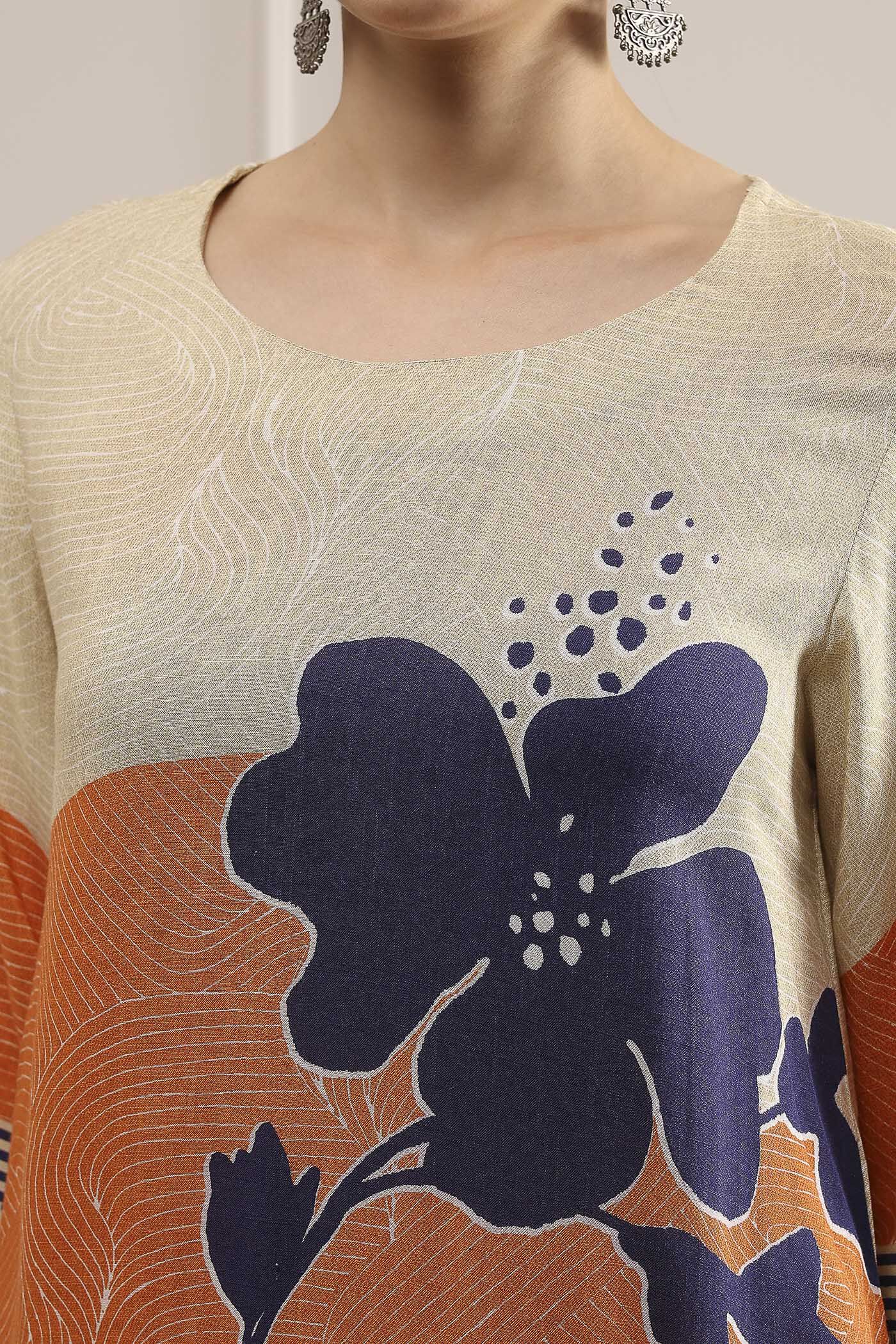 Orange Viscose Rayon Straight Printed Fusion Set image number 1