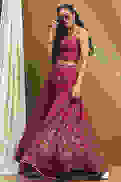 Red Satin Printed Lightweight Lehenga Set image number 6