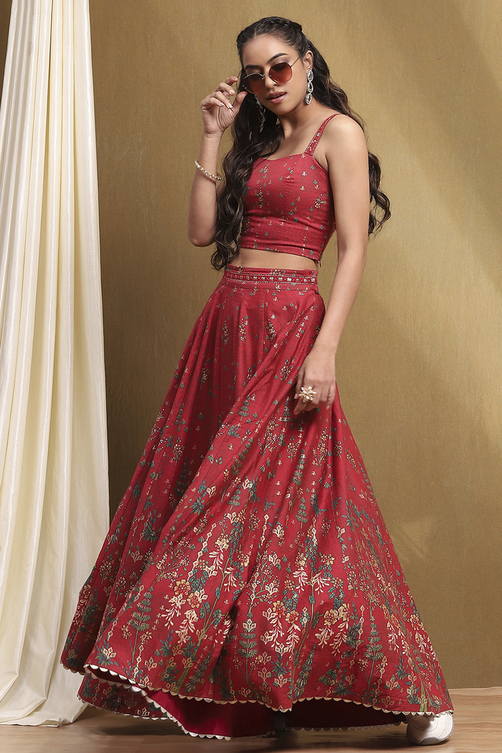 Red Satin Printed Lightweight Lehenga Set image number 6