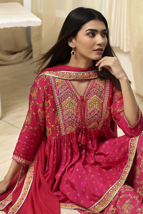 Fuchsia Viscose Floral Printed Peplum Suit Set image number 1
