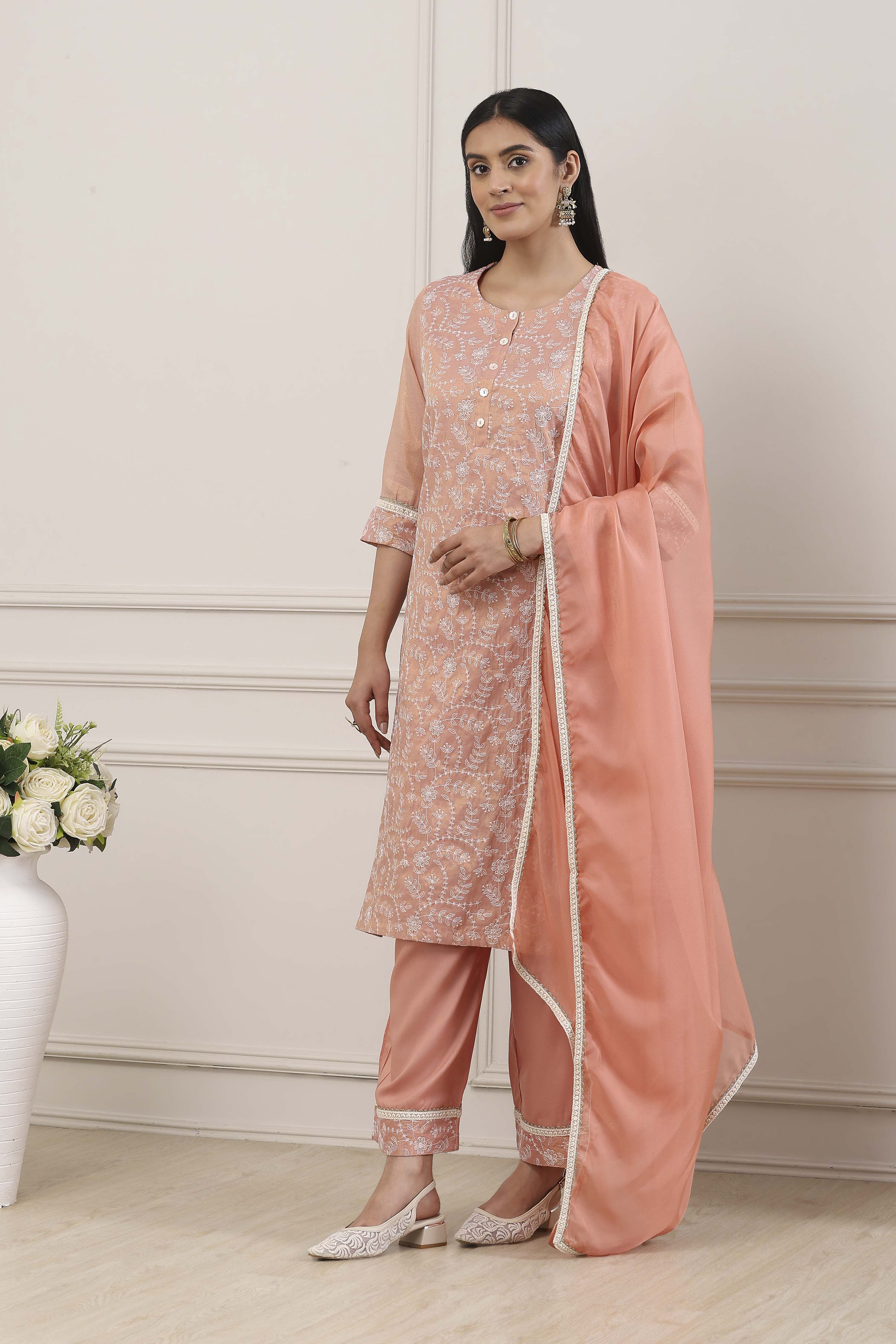 Yellow Zari Cotton Tissue Straight Suit Set image number 3