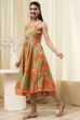 Green Cotton Blend Floral Printed Flared Dress image number 2