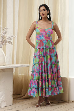 Turquoise Cotton Floral Printed Tiered Dress image number 6