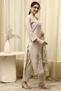 Beige Chanderi Hand Painted Unstitched Suit Set image number 6