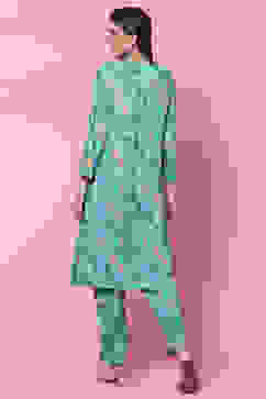 Sea Green LIVA Straight Kurta Relaxed Pant Suit Set image number 4
